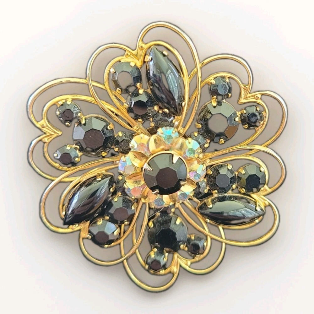 Vintage WEISS Black Rhinestone Flower Brooch Aurora Borealis Gold Tone Pin